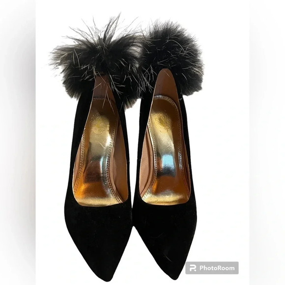 Black Stilleto heels size 6 with huge Pom Pom on the back of each heel - Picture 2 of 6